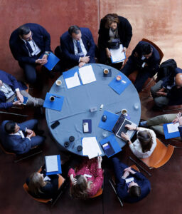 Overhead view of a round table discussion.